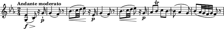 
\relative c'' {
  \key ees \major
  \time 2/4
  \tempo "Andante moderato"
  \tempo 4 = 50
  <g, ees'>4\f\> (bes8)\!  r16 g'16-!\p
  g4 (f8) r8
  bes8. \< (c32 d ees8)\! r16 ees,16\p
   g4 (f8) r8
   bes8. \< (c32 d ees8)\! r16 g,16\p
   aes8 bes\trill c bes ~
   bes (aes4 g8)
   bes (aes32 g f g f8) r8
}
