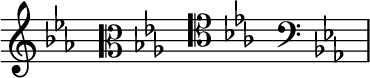 { \new Staff \with{ \magnifyStaff #3/2 } << \time 4/16 \override Score.TimeSignature #'stencil = ##f { \clef treble \key ees \major s16 \clef alto \key ees \major s16 \clef tenor \key ees \major s16 \clef bass \key ees \major s16 } >> }