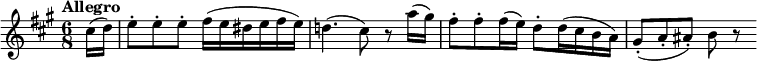 
\new Score {
  \new Staff = "clarinet" {
    \transpose c a
    \relative c' {
      \set Staff.midiInstrument = #"clarinet"
      \clef treble
      \key c \major
      \time 6/8
      \tempo "Allegro"
      \set Score.tempoHideNote = ##t
      \tempo 8 = 240

      \partial 16*2 e16( f) | g8-. g-. g-. a16( g fis g a g) |
      f!4.( e8) r c'16( b) | a8-. a-. a16( g) f8-. f16( e d c) |
      b8-.( c-. cis-.) d r
    }
  }
}
