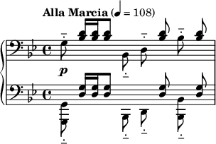 
{
  \new PianoStaff
  <<
    \new Staff
    {
      \autoBeamOff
      \clef bass
      \key g\minor
      \time 4/4
      \tempo "Alla Marcia" 4=108
      \stemDown g8^_ \stemUp <d' bes>16 [ <d' bes> <d' bes>8 ] \stemDown bes,__ d^_ \stemUp <d' bes> \stemDown bes^_ \stemUp <d' bes> |
    }
    \new Dynamics {s8\p s s4 s2}
    \new Staff
    {
      \autoBeamOff
      \clef bass
      \key g\minor
      \time 4/4
      \stemDown <g, g,,>8__ \stemUp <g d>16 [ <g d> <g d>8 ] \stemDown bes,,8__ d,__ \stemUp <g d> \stemDown <bes, bes,,>__ \stemUp <g d> |
    }
  >>
}
