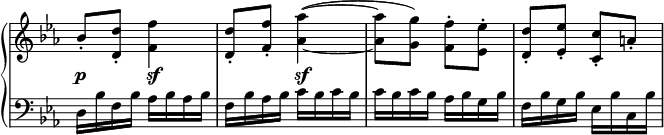 
 \relative c' {
  \new PianoStaff <<
   \new Staff \with { \remove "Time_signature_engraver" } { \key es \major \time 2/4
    \set tieWaitForNote = ##t
    bes'8-. <d d,>-. <f f,>4 <d d,>8-. <f f,>-. <aes~ aes,~>4(
    <aes aes,>8 <g g,>) <f f,>-. <es es,>-. <d d,>-. <es es,>-. <c c,>-. a-.
   }
   \new Dynamics {
    s4\p s\sf s s\sf
   }
   \new Staff \with { \remove "Time_signature_engraver" } { \key es \major \time 2/4 \clef bass
    d,,16 bes' f bes aes bes aes bes f bes aes bes c bes c bes
    c bes c bes aes bes g bes f bes g bes es, bes' c, bes'
   }
  >>
 }
