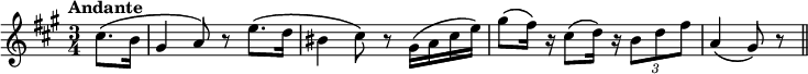 
\new Staff {
  \relative c'' {
    \key a \major
    \time 3/4
    \tempo "Andante"
    \partial 4
    cis8.\( b16 
    gis4 a8 \)r8
    e'8.\( d16 
    bis4 cis8\) r8
    gis16\( a16 cis16 e16\)
    gis8\( fis16\) r16
    cis8\( d16\) r16
    \times 2/3 { b8 d8 fis8 }
    a,4\( gis8\) r8 
    \bar "||"
  }
}
