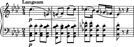 
\relative c'' {
  \new PianoStaff <<
    \new Staff {
      \set Staff.midiInstrument = #"piano" \key aes \major \clef treble \time 2/4 \set Score.tempoHideNote = ##t \tempo "Langsam" 4 = 45
      c4. \p \< (e,8) |
      e8 (f8) des'8 ( c8 \! ) |
      ces8. (bes16) as8 ( ges16 fes16 |
      es8) r8 r4 |
    }
    \new Staff {
      \clef bass \key aes \major
      < as,, c c'>8 \p -. <c c'>8 -. < as c c'>8 -. < g c bes' c>8 -. |
      < f c' bes' c>8 -. <c' as' c>8 -. < g c bes' c>8 -. < g c bes' c>8 -. |
      < as fes' ces' fes>8 -. < as fes' ces' fes>8 -. < as fes' ces'>8 -. < as fes' ces'>8 -. |
      < bes g' des'>8 -. r8 r4 |
    }
  >>
}
