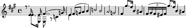 
\header {
  tagline = ##f
}

\score {
  \new Staff \with {

  }
<<
  \relative c' {
    \key a \major
    \time 4/4
    \tempo 4 = 100
    %\override TupletBracket #'bracket-visibility = ##f
    \set Staff.midiInstrument = #"string ensemble 1" 
    \set Score.currentBarNumber = #49
    %\autoBeamOff

     %%%%%%%%%%%%%%%%%%%%%%%%%% S6 - thème 1
     \partial 2...
     << { r8. e16 s8 e16 fis4..( g!16) e4 fis8( g! a4 b) c!2 b a g! fis4 gis'8.[ fis16] b,4 ais \tempo 4 = 85 \times 2/5 { fis16([ gis fis eis fis]) } gis'8.[ fis16] \tempo 4 = 100 b,4 ais } \\ { s8. e8.[ e,16] e8 r8 c'!4 e4 } >>

  }
>>
  \layout {
     \context { \Score \remove "Metronome_mark_engraver" 
     \override SpacingSpanner.common-shortest-duration = #(ly:make-moment 1/2) }
  }
  \midi {}
}
