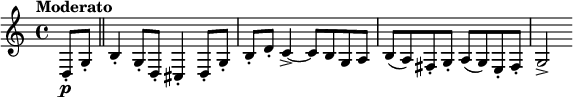  \relative c { \clef treble \time 4/4 \tempo "Moderato" \partial 4*1 d8-.\p g-. \bar "||" b4-. g8-. d-. cis4-. d8-. g-. | b-. d-. c4->~ c8 b g a | b( a) fis-. g-. a( g) e-. fis-. | g2-> } 