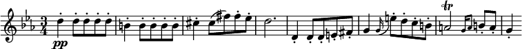 
\relative c'' {
\time 3/4
\key ees \major
d4-.\pp d8-.[ d-. d-. d-.] | b4-. b8-.[ b-. b-. b-.] | cis4-. cis8 [( fis) fis-. ees-.] | d2.
d,4-. d8-.[ d-. e-. fis-.] | g4 \appoggiatura g16 e'8-.[ d-. c-. b-.] | a2\trill \grace { g16[ a8] } b-.[ a-.] | g4-.
}
