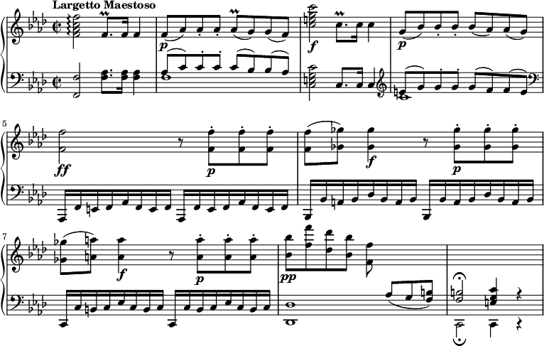 
{
\new PianoStaff <<
\new Staff \relative c'' { \clef treble
  \key aes \major
  \tempo "Largetto Maestoso" 4 = 60
  \set Score.tempoHideNote = ##t
  \time 2/2
  |
  <f,\f aes c f>2\arpeggio
  f8.\prall f16 f4
  |
  f8\p( aes) aes-. aes-.
  aes\prall( g) g( f)
  |
  <<c'2\f e2 g2 c2>>
  c,8.\prall c16 c4
  |
  g8(\p bes8) bes8-. bes-.
  bes( aes) aes( g)
  |
  <<f2\ff f'2>>
  r8
  <<f,8-.\p f'8>>
  <<f,8-. f'8>>
  <<f,8-. f'8>>
  |
  <<f,8( f'8>>
  <<ges,8) ges'8>>
  <<ges,4\f ges'4>>
  r8
  <<ges,8-.\p ges'8>>
  <<ges,8-. ges'8>>
  <<ges,8-. ges'8>>
  |
  <<ges,8( ges'8>>
  <<a,8) a'8>>
  <<a,4\f a'4>>
  r8
  <<a,8-.\p a'8>>
  <<a,8-. a'8>>
  <<a,8-. a'8>>
  |
  <<bes,8\pp bes'8>>
  <<f8 f'8>>
  <<des,8 des'8>>
  <<bes,8 bes'8>>
  <<f,8 f'8>>
  \hideNotes
  r4.
  |
  r1
  \unHideNotes
}
\new Staff \relative c { \clef bass
  \key aes \major
  |
  <<f,2 f'2>>
  <<f8. aes8.>>
  <<f16 aes16>>
  <<f4 aes4>>
  |
  <<\new Voice{\voiceTwo
  f1
}
  \new Voice{\voiceOne
  aes8(
  c8)
  c8-.
  c8-.
  c8(
  bes8)
  bes8(
  aes8)
}>>
  |
  <<c,2 e2 g2 c2>>
  c,8.
  c16
  c4
  |
  \clef treble
  <<\new Voice{\voiceTwo
  c'1
}
  \new Voice{\voiceOne
  e8(
  g8)
  g8-. g8-.
  g8( f8)
  f8( e8)
}>>
  |
  \clef bass
  aes,,,16 f'16 e16 f16
  aes16 f16 e16 f16
  aes,16 f'16 e16 f16
  aes16 f16 e16 f16
  |
  bes,16 bes'16 a16 bes
  des bes a bes
  bes, bes' a bes
  des bes a bes
  |
  c, c' b c
  ees c b c
  c, c' b c
  ees c b c
  |
  <<\new Voice{\voiceTwo
  <<des1 des,1>>
  |
  c2\fermata
  c4
  c4\rest
}
  \new Voice{\voiceOne
  \hideNotes
  r2
  r8
  \unHideNotes
  aes''8^[_( g8 <<f8] b8)>>
  |
  <<f2 b2\fermata>>
  <<c4 g4 e4>>
  aes4\rest
}>>
  |
  
}>>
}
