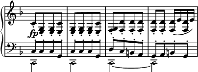 
 \relative c' {
  \new PianoStaff <<
   \new Staff \with { \remove "Time_signature_engraver" } { \key f \major \time 2/4
    c8-.[ <g e>-. <g e>-. <c e,>-.] <g e>-.[ <g e>-. <g e>-. <c e,>-.]
    <g f>-.[ <d' f,>-. <d f,>-. <d f,>-.] <d f,>-. <d f,>-. <d f,>16( e <d f,> e)
   }
   \new Dynamics {
    s4\fp
   }
   \new Staff \with { \remove "Time_signature_engraver" } { \key f \major \time 2/4 \clef bass
    <<
     { c,8-.[ c-. c-. g-.] c-.[ c-. c-. g-.] d'-.[ c-. b-. a-.] g-.[ a-. b-. g-.] }
    \\
     { c,2 c c~ c }
    >>
   }
  >>
 }
