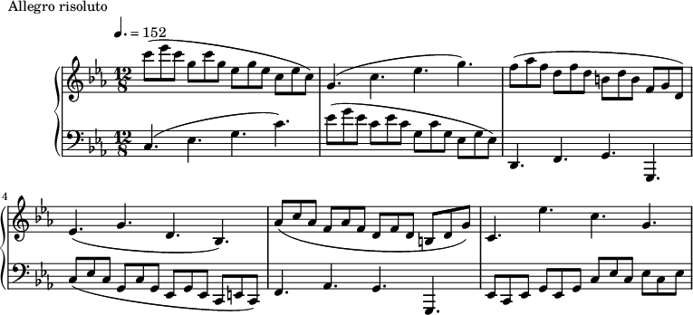 
\version "2.18.2"
\header {
  tagline = ##f
}
upper = \relative c'' {
  \clef treble 
  \key c \minor
  \time 12/8
  \tempo 4. = 152
  %\autoBeamOff

   %%Montgeroult — Étude 29 (pdf p. )
   c'8( ees c g c g ees g ees c ees c) g4.( c ees g)
   f8( aes f d f d b! d b f g d)
   ees4.( g d bes)
   aes'8( c aes f aes f d f d b! d g)
   c,4. ees' c g

}

lower = \relative c {
  \clef bass
  \key c \minor
  \time 12/8

   c4.( ees g c) ees8( g ees c ees c g c g ees g ees)
   d,4. f g g,
   c'8( ees c g c g ees g ees c e! c)
   f4. aes g g,
   ees'8 c ees g ees g c ees c ees c ees

}

  \header {
    piece = "Allegro risoluto"
  }

\score {
  \new PianoStaff <<
    \new Staff = "upper" \upper
    \new Staff = "lower" \lower
  >>
  \layout {
    \context {
      \Score
      
    }
  }
  \midi { }
}
