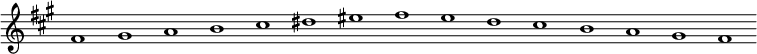 
\new Staff {
  \relative c' {
    \key fis \minor
    \override Staff.TimeSignature #'stencil = ##f
    \override Staff.BarLine #'stencil = ##f
     fis1 gis a b cis dis eis fis e d cis b a gis fis
  }
}
\midi {
  \context {
    \Score
    tempoWholesPerMinute = #(ly:make-moment 120 1)
  }
}
