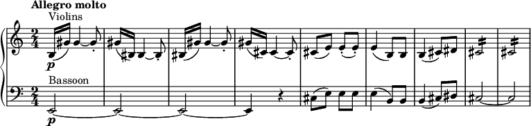  {\new PianoStaff {<<\new Staff \relative c'{\set Staff.midiInstrument=#"string ensemble 1" \time 2/4 \tempo "Allegro molto" \clef treble ^"Violins" |(b16\p[gis'16)] 4~ 8-.|gis16[(bis,16]) 4~ 8-.|bis16[(gis'16)] 4~ 8-.|gis16[(cis,16]) 4~ 8-.|cis8[(e8)] 8-. ( 8-.)|4(b8) 8|4(cis8)[dis8]|cis2:16|2:16|} \new Staff \relative c'{\set Staff.midiInstrument=#"bassoon" \time 2/4 \clef bass ^"Bassoon" |e,,2~\p|2~|2~|4 r4|cis'8[(e8)] 8 8|4(b8) 8|4(cis8)[dis8]|cis2~|2|}>>}}