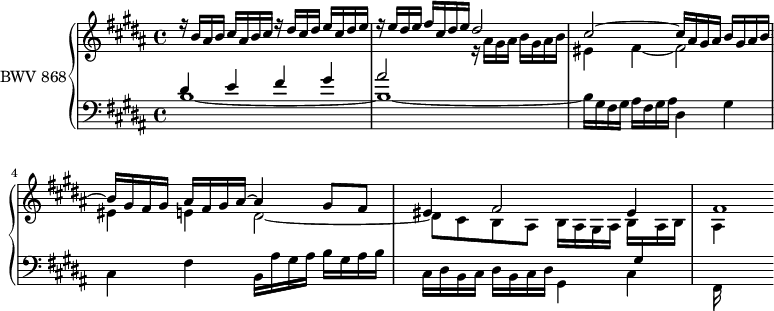 
\version "2.18.2"
\header {
  tagline = ##f
}

upper = \relative c'' {
    \clef treble 
    \key b \major
    \time 4/4
    \tempo 4 = 80
    \set Staff.midiInstrument = #"harpsichord" 

   %% PRÉLUDE CBT I-23, BWV 868, si majeur
   << { r16 b ais b cis ais b cis r16 dis cis dis e cis dis e r16 e dis e fis cis dis e dis2 cis~ cis16 ais gis ais b gis ais b~ b gis fis gis ais fis gis ais~ ais4 gis8 fis eis4 fis2 eis4 fis1*1/4 } \\ { s1 s2 r16 ais gis ais b gis ais b eis,4 fis~ fis2 eis4 e dis2~ dis8 cis b ais b16 ais gis ais b \stemUp \change Staff = "lower" gis \stemDown \change Staff = "upper" ais b ais4 } >>

}

lower = \relative c' {
    \clef bass 
    \key b \major
    \time 4/4
    \set Staff.midiInstrument = #"harpsichord" 

    << { dis4 e fis gis ais2 } \\ { b,1~ b~ b16 gis fis gis ais fis gis ais dis,4 gis cis, fis b,16 ais' gis ais b gis ais b cis, dis b cis dis b cis dis gis,4 cis fis,16 } >>
} 

\score {
  \new PianoStaff <<
    \set PianoStaff.instrumentName = #"BWV 868"
    \new Staff = "upper" \upper
    \new Staff = "lower" \lower
  >>
  \layout {
    \context {
      \Score
      \remove "Metronome_mark_engraver"
      \override SpacingSpanner.common-shortest-duration = #(ly:make-moment 1/2)
    }
  }
  \midi { }
}
