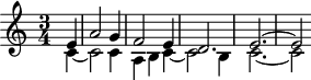 
\version "2.18.2"
\header {
  tagline = ##f
  % composer = "Johann Pachelbel"
  % opus = "Herzlich tut mich verlangen, P.378"
  % meter = ""
}

\score {
<<
  \relative c' {
   %  \clef bass
    \key c \major
    \time 3/4
    \override TupletBracket #'bracket-visibility = ##f 

     %s8*0^\markup{Aria}
     \partial 4
     << { e4 | a2 g4 | f2 e4 | d2. | e2.~ e2 } \\ { c4~ | c2 c4 | a b c~ | c2 b4 | c2.~ | c2 } >>

  }
>>
  \layout {
     #(layout-set-staff-size 17)
     \context { \Score \remove "Metronome_mark_engraver" 
     \override SpacingSpanner.common-shortest-duration = #(ly:make-moment 1/2)
     }
  }
}
