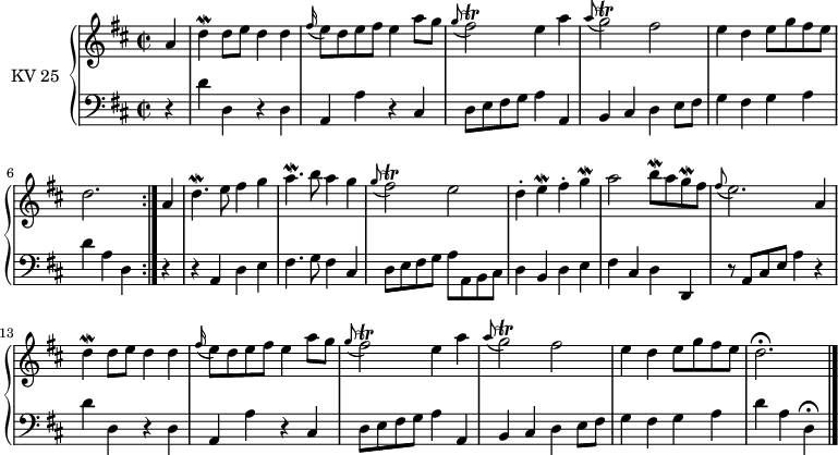 
\version "2.14.2"
\header {
  tagline = ##f
}
upper = \relative c'' {
   \clef treble 
  \key d \major
  \time 2/2
  \tempo 2 = 70
  \tempo "Allegro"
  \set Staff.midiInstrument = #"piano"

  \repeat volta 2 {
  
    \partial4  a4
    d\mordent d8 e d4 d
    \grace fis16 (e8) d e fis e4 a8 g
    \grace g8 (fis2)\trill  e4 a
    \grace a8 (g2)\trill  fis
    e4 d e8 g fis e
    d2.    
  }
  a4
  d4.\mordent e8 fis4 g
  a4.\mordent b8 a4 g
   \grace g8 ( fis2)\trill  e
   d4-. e\mordent fis-. g\mordent
   a2 b8\mordent a g\mordent fis
  \grace fis8 ( e2.) a,4
  d\mordent d8 e d4 d
  \grace fis16 (e8) d e fis e4 a8 g
  \grace g8 ( fis2)\trill  e4 a
  \grace a8 (g2)\trill  fis
  e4 d e8 g fis e
  d2. \fermata \bar "|."
}

lower = \relative c {
  \clef bass
  \key d\major
  \time 2/2
  \set Staff.midiInstrument = #"piano"
 \repeat volta 2 { 
    \partial4 r4
    d'4  d, r4 d
    a a' r4 cis,
    d8 e fis g a4 a,
    b cis d e8 fis
    g4 fis g a 
    d a d,
 } 
 r4 r4 a4 d e
 fis4. g8 fis4 cis
 d8 e fis g a a, b cis
 d4 b d e
 fis cis d d,
 r8 a'8 cis e a4 r4
 d4  d, r4 d
    a a' r4 cis,
    d8 e fis g a4 a,
    b cis d e8 fis
    g4 fis g a 
    d a d, \fermata
 }

\score {
  \new PianoStaff <<
    \set PianoStaff.instrumentName = #"KV 25"
    \new Staff = "upper" \upper
    \new Staff = "lower" \lower
  >>
  \layout {
    \context {
      \Score
      \remove "Metronome_mark_engraver"
    }
  }
  \midi { }
}
