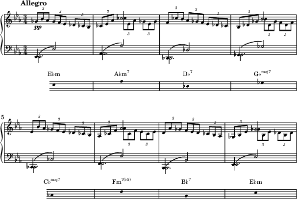  { <<
 \new PianoStaff <<
  \new Staff << \magnifyStaff #2/3
   \new Voice \relative c' {
   \key es \major \set Score.tempoHideNote = ##t \tempo 4 = 120 \time 3/4
   \mark \markup { \abs-fontsize #10 { \bold { Allegro } } }
   \times 2/3 {ges'8_\markup{\dynamic pp} bes aes} \times 2/3 {ges f ees} \times 2/3 {des ces bes} |
   \times 2/3 {ces ees aes} \stemDown \times 2/3 {ces ees, aes} \times 2/3 {ges ees ges} |
   \stemNeutral \times 2/3 {f ces' bes} \times 2/3 {aes ges f} \times 2/3 {ees des ces} |
   \times 2/3 {bes des ges} \stemDown \times 2/3 {bes des, ges} \times 2/3 {f des f} |
   \stemNeutral \times 2/3 {ees bes' aes} \times 2/3 {ges f ees} \times 2/3 {des ces bes} |
   \times 2/3 {aes ces f} \stemDown \times 2/3 {aes ces, f} \times 2/3 {ees ces ees} |
   \stemNeutral \times 2/3 {d aes' ges} \times 2/3 {f ees d} \times 2/3 {ces bes aes} |
   \times 2/3 {ges bes ees} \stemDown \times 2/3 {ges bes, ees} \times 2/3 {des bes des} |
   }
   \new Voice \relative c' { \stemUp
   s2. | s4 ces'2 | s2. | s4 bes2 |
   s2. | s4 aes2 | s2. | s4 ges2 |
   }
  \new Staff << \magnifyStaff #2/3
   \new Voice \relative c' {
   \key es \major \clef F \time 3/4 \stemUp \slurUp
   ees,,4( ees'2) | aes,4( aes'2) | des,,4( des'2) | ges,4( ges'2)
   ces,,4( ces'2) | f,4( f'2) | bes,,4( bes'2) | ees,4( ees'2)
   } 
   \new Voice \relative c' { \stemDown
   ees,,2. | aes2. | des,2. | ges2.
   ces,2. | f2. | bes,2. | ees2.
   } 
 >> >> >>
 \new Staff = "chords" \with {
      \omit TimeSignature
      \magnifyStaff #2/3
    } \relative c' 
 { \hide Staff.KeySignature \key ees \major \clef bass \hide Staff.Clef
 {\stopStaff s4 \startStaff \hide Stem ees,8 s s s s s aes s s s s s des, s s s s s ges s s s \stopStaff s s \startStaff ces, s s s s s f s s s s s bes, s s s s s ees}} 
\addlyrics \with { alignAboveContext = "chords" \override VerticalAxisGroup.nonstaff-relatedstaff-spacing =
      #'((basic-distance . 3)) } { \override LyricText.font-size = #-2 E♭m \markup{\concat{A♭m\super{7}}} \markup{\concat{D♭\super{7}}} \markup{\concat{G♭\super{maj7}}} \markup{\concat{C♭\super{maj7}}} \markup{\concat{Fm\super{7(♭5)}}}  \markup{\concat{B♭\super{7}}} E♭m }
 >>
 }
\layout { line-width = #150 }
