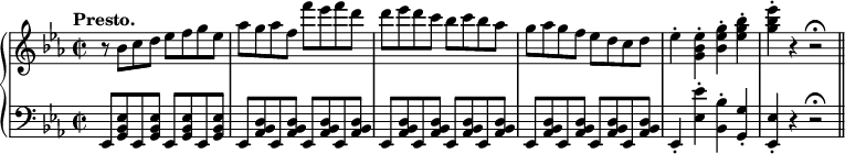 
\relative c'' {
 \new PianoStaff <<
  \new Staff {
   \key es \major \time 2/2 \set Score.tempoHideNote = ##t \tempo "Presto." 4=250
   r8 bes c d es f g es aes g aes f f' es f d
   d es d c bes c bes aes g aes g f es d c d
   es4-. <es bes g>-. <g es bes>-. <bes g es>-. <es bes g>-. r r2\fermata
  }
  \new Staff { \key es \major \time 2/2 \clef bass
   es,,,,8 <es' bes g> es, <es' bes g> es, <es' bes g> es, <es' bes g>
   es, <d' bes aes> es, <d' bes aes> es, <d' bes aes> es, <d' bes aes>
   es, <d' bes aes> es, <d' bes aes> es, <d' bes aes> es, <d' bes aes>
   es, <d' bes aes> es, <d' bes aes> es, <d' bes aes> es, <d' bes aes>
   es,4-. <es'' es,>-. <bes bes,>-. <g g,>-. <es es,>-. r r2\fermata \bar "||"
  }
 >>
}
