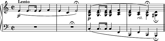 
\new PianoStaff <<
\new Staff = "Up" <<
\new Voice \relative c' {
\clef treble
\key a \minor
\omit Score.MetronomeMark
\tempo 4=50
\time 2/2
e4^\markup{\bold Lento} \p (e8. e16 e4 f e c \tempo 4=40 e2 \fermata) \tempo 4=50 <g, c e>4 \p ^(<g c e>8. <g c e>16 <g c e>4 <a c f> <g c e> <a c>_\markup{\italic rit.} \tempo 4=25 e'2 \fermata)
}
\new Voice \relative c'{
\stemDown
s1 s s s2 <g c>4 <gis d'>_\fermata
}
>>
\new Staff = "Down" <<
\new Voice \relative c{
\clef bass
\key a \minor
R1 s4. r1 \fermata
}
\new Voice \relative c{
s1 s c4 (c8. c16 c4 f,4 c f c b4_\fermata) \bar "||"
}
>>
>>
