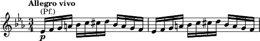  \relative g' { \key es \major \time 3/4 \tempo "Allegro vivo" es16^\markup { (Pf.)}_\markup { \dynamic p } f g a bes c cis d bes a g f | es f g a bes c cis d bes a g f }