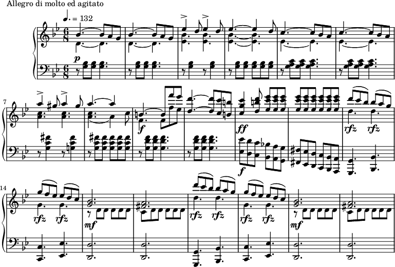 
\version "2.18.2"
\header {
  tagline = ##f
}
upper = \relative c'' {
  \clef treble 
  \key g \minor
  \time 6/8
  \tempo 4. = 132
  %\autoBeamOff

   %%Montgeroult — Étude 111 (pdf p. 197)
   \repeat unfold 2 { << { bes4.~ bes8 a g } \\ { d4.~ d } >> }
   << { \repeat unfold 2 { ees'4-> d8\! } } \\ { < bes ees, >4. < bes ees, > } >>
   << { ees4.~ ees4 d8 } \\ { < bes ees, >4.~ < bes ees, > } >>
   \repeat unfold 2 { << { c4.~ c8 bes a } \\ { ees4.~ ees } >> }
   << { \repeat unfold 2 { a'4-> gis8 } } \\ { < c, a >4. < c a > } >>
   << { a'4.~ a4 s8 b,4.~ b8 f'' ees < d d, >4.~ < d d, >8 < c c, > < b b, > < c g c, >4\ff < d b d, >8 < ees c ees, >8 q q q q q q q q  } \\ { < c, a >4.( a4) c8 f,4.\f f8 f' ees } >>
   \repeat unfold 2 { << { d'8(\rfz c bes) bes(\rfz a g) g(\rfz f ees) ees(\rfz d c) < bes g >2.\mf < a fis > } \\ { d4. d g, g r8 d d d d d c d d d d d } >> }

}

lower = \relative c {
  \clef bass
  \key g \minor
  \time 6/8

   r8^\p \repeat unfold 2 { < bes' g >8 q < bes g >4. r8 } \repeat unfold 2 { < bes g >4 r8 }
    < bes g >8 q \repeat unfold 3 { < bes g >8 }
   \repeat unfold 2 { d,8\rest < c' a g >8 q < c a g >4. }
   r8 < fis c g >4 r8 < fis c g! >4 r8 < fis c g >8 < fis c g > \repeat unfold 3 { < fis c g >8 }
   \repeat unfold 2 { r8 < f d g, >8 q q4. }
   < ees ees, >8\f < d d, > < c c, > < bes! bes, > < a a, > < g g, > < fis fis, > < ees ees, > < d d, > < c c, > < bes bes, > < a a, >
   \repeat unfold 2 { < g g, >4. < bes bes, > < c c, > < ees ees, > < d d, >2. q }

}

  \header {
    piece = "Allegro di molto ed agitato"
  }

\score {
  \new PianoStaff <<
    \new Staff = "upper" \upper
    \new Staff = "lower" \lower
  >>
  \layout {
    \context {
      \Score
      %\remove "Metronome_mark_engraver"
    }
  }
  \midi { }
}
