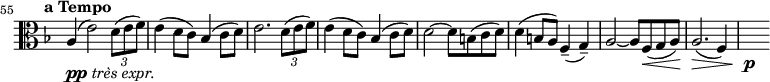 \relative c'{
    \clef alto
 \key f \major
 \tempo "a Tempo"
    \once \override Staff.TimeSignature #'stencil = ##f 
    \set Score.currentBarNumber = #55 \bar "" a4_\markup{ \dynamic pp \italic { très expr. } }(e'2) \times 2/3 {d8[(e8 f8)]} | % 1
    e4(d8 c) bes4(c8 d)          | % 2
    e2. \times 2/3 {d8[(e8 f8)]} | % 3
    e4(d8 c) bes4(c8 d)          | % 4
    d2 ~ d8 b( c d)              | % 5
    d4(b8 a) f4--(g--)           | % 6
    a2 ~ a8 f\<( g a)            | % 7
    a2.\!\>(f4)                  | % 8
    \hideNotes a'2\!\p \unHideNotes   | % 9

}