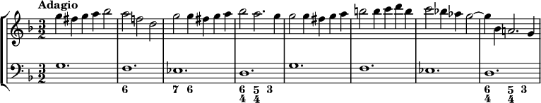  { \new StaffGroup << \new Staff \relative c''' { \set Staff.midiInstrument = #"violin" \set Score.tempoHideNote = ##t \clef treble \tempo "Adagio" 2 = 55 \key d \minor \time 3/2 g4 fis4 g4 a4 bes2 a2 f!2 d2 g2 g4 fis4 g4 a4 bes2 a2. g4 g2 g4 fis4 g4 a4 b2 b4 c4 d4 b4 c2 bes!4 aes4 g2~ g4 bes,4 a!2. g4} \new Staff \relative c' { \set Staff.midiInstrument = #"piano" \set Score.tempoHideNote = ##t \clef bass \key d \minor \time 3/2 g1. f1. es1. d1. g1. f1. es1. d1. } \new FiguredBass \figuremode { s1. <6>1. <7>2 <6>1 <6 4>2 <5 4>2 <3>2 s1. s1. s1. <6 4>2 <5 4>2 <3>2 } >> } 