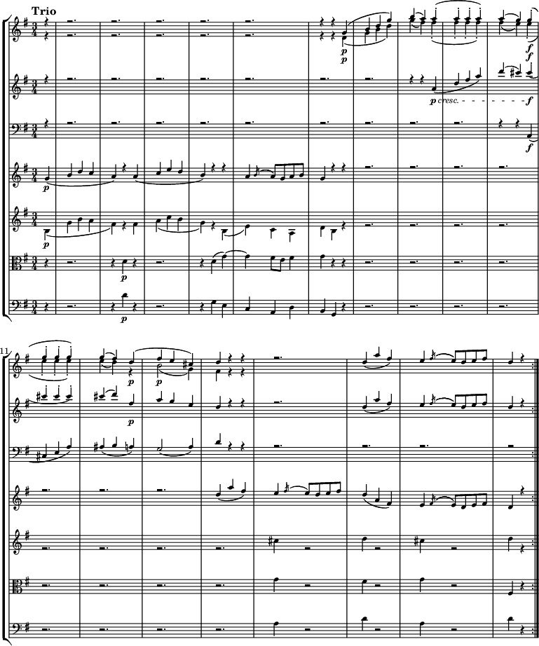 
{
\new StaffGroup << 
\new Staff \with { \magnifyStaff #5/7 } <<
\new Voice \relative c'' {\voiceOne \set Staff.midiInstrument = oboe \tempo "Trio" \tempo 4 = 140 \clef treble \key g \major \time 3/4 \partial 4
r4
r2.
r2.
r2.
r2.
r2.
r4 r4 g\p
(b d g)
b (a) a-.
(a-. a-. a-.)
a (g) g-.\f
(g-. g-. g-.)
g (fis) d\p
(fis e cis)
d r r
r2.
d4 _(a' fis)
e4 \acciaccatura fis16 (e8) d e fis
d4 r
}
    \new Voice \relative c' {\voiceTwo \set Staff.midiInstrument = oboe
r4
r2.
r2.
r2.
r2.
r2.
r4 r4 d\p
(g b d)
g (fis) fis-.
(fis-. fis-. fis-.)
fis (e) e-.\f
(e-. e-. e-.)
e (d) r
b2\p (g4)
fis4 r r 
}  
  >>
\new Staff \with { \magnifyStaff #5/7 } <<
\new Voice \relative c'' {\voiceOne \set Staff.midiInstrument = flute \clef treble \key g \major \time 3/4
r4
r2.
r2.
r2.
r2.
r2.
r2.
r2.
r4 r a\p \cresc_
(d fis a)
d (cis) cis-.\f_
(cis-. cis-. cis-.)
cis (d) fis,\p
a g e
d r r
r2.
d4 _(a' fis)
e4 \acciaccatura fis16 (e8) d e fis
d4 r
}  
  >>
\new Staff \with { \magnifyStaff #5/7 } <<
\new Voice \relative c {\voiceOne \set Staff.midiInstrument = bassoon \clef bass \key g \major \time 3/4
r4
r2.
r2.
r2.
r2.
r2.
r2.
r2.
r2.
r2.
r4 r4
a4\f_
(cis e a)
ais_ (b a)
g2_ (a4)
d r r
r2.
r2.
r2.
r2
}  
  >>
\new Staff \with { \magnifyStaff #5/7 } << 
\new Voice \relative c'' {\voiceOne \set Staff.midiInstrument = violin \clef treble \key g \major \time 3/4
g4\p
_(b d c
a) r a
_(c e d
b) r r
a4 \acciaccatura b16 (a8) g a b
g4 r r
r2.
r2.
r2.
r2.
r2.
r2.
r2.
d'4 _(a' fis)
e4 \acciaccatura fis16 e8 d e fis
d4 _(a fis)
e4 \acciaccatura fis16 (e8) d e fis
d4 r \bar ":|."
}  
  >>
\new Staff \with { \magnifyStaff #5/7 } <<
    \new Voice \relative c'' {\voiceTwo \set Staff.midiInstrument = violin \clef treble \key g \major \time 3/4
b,4\p
(g' b a
fis) r fis
a (c b
g) r b,
(e) c a
d b r
r2.
r2.
r2.
r2.
r2.
r2.
r2.
r2.
cis'4 r2
d4 r2
cis4 r2
d4 r
}  
  >>
\new Staff \with { \magnifyStaff #5/7 } <<
    \new Voice \relative c' {\set Staff.midiInstrument = viola \clef alto \key g \major \time 3/4
r4
r2.
r4 d\p r
r2.
r4 d (g)~
g fis8 e fis4
g r r
r2.
r2.
r2.
r2.
r2.
r2.
r2.
r2.
g4 r2
fis4 r2
g4r2 
fis,4 r

}
  >>
\new Staff \with { \magnifyStaff #5/7 } <<
\new Voice \relative c' {\set Staff.midiInstrument = cello \clef bass \key g \major \time 3/4 
r4
r2.
r4 d\p r
r2.
r4 
g,4 e c a
d b g r
r2.
r2.
r2.
r2.
r2.
r2.
r2.
r2.
a'4 r2
d4 r2 
a4 r2
d4 r
}
>> >> }
