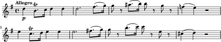 
\relative c'' {
   \key g \major
   \time 4/4   
   \tempo "Allegro"
   \tempo 4 = 120
  d4 \p b8. \trill c16 d4 d
  d2. fis8. (g16)
  g8 r  ais8. (b16) b8 r g r
  f4 (e) r2
  e4 c8. \trill d16 e4 e
  e2. fis!8. (g16)
  g8 r  b8. (c16) c8 r e, r
  cis4 (d) r2
}
