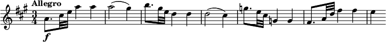 
\relative c'' {
  \override Score.NonMusicalPaperColumn #'line-break-permission = ##f
  \version "2.18.2"
  \tempo "Allegro"
  \key a \major
  \time 3/4
  a8.\f cis32 e a4 a |
  a2( gis4) |
  b8. gis32 e d4 d |
  d2( cis4) |
  g'8. e32 cis g4 g |
  fis8. a32 d fis4 fis |
  e4
}
