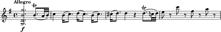 
\relative c' {
  \override Score.NonMusicalPaperColumn #'line-break-permission = ##f
  \tempo "Allegro"
  \key g \major
  <g d' b' g'>2.\f b'8.\trill( a32 b) |
  c4 b16( c8.) d16( c8.) b16( c8.) |
  cis16( d8.) d4 r d8.\trill( c32 d) |
  e8 r c' r fis, r a r |
}
