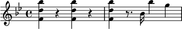 
 \relative c''' {
   \key bes \major
   <bes d, f,>4 r <bes d, f,> r | <bes d, f,> r8. bes,16 bes'4 g
}
