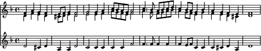 
<< <<
\new Staff \with{ \magnifyStaff #2/3 } { \clef treble \time 4/4 \key d \minor \set Staff.midiInstrument = "choir aahs" 
  \relative c'
  << { f4 a g f e8 f g4 f2 g g4 a c8 bes a g a2 c4. bes8 a bes c d c4 bes8 a g4 bes a g f e f1} \\
     { d4 f e d cis8 d e4 d2 e e4 f a8 g f e f2 a4. g8 f g a bes a4 g8 f e4 g f e d cis d1}  >>
}
\new Staff \with{ \magnifyStaff #2/3 } { \clef treble \key d \minor \set Staff.midiInstrument = "choir aahs" 
  \relative c'
  << { d2 cis4 d a a d2 c c4 c c c f2 f4. f8 f4 f f e8 f c4 c c cis d a d1 } >>
}
>> >>
\layout { indent = #0 }
\midi { \tempo 4 = 80 }
