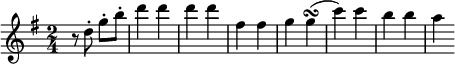 
\layout { \set Score.tempoHideNote = ##t }
\relative c'' {
\key g \major
\time 2/4 \partial 2
\set Staff.midiInstrument = "string ensemble 1"
\tempo 2=108
r8 d-. g-.b-. | d4 d d d | fis, fis g g(\turn | c) c b b | a
}
