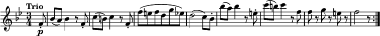 
\relative c' {
  \version "2.18.2"
  \key bes \major
  \time 3/4
  \tempo "Trio"
  \partial 8 f8-.\p 
  bes (a) bes4 r8  f8-.
  c' (b) c4 r8 f,8-.
  f' (e f d g ees)
  d2 (c8) bes8-.
  bes' (a) bes4 r8 e,8-.
  c' (b) c4 r8 f,8
  f r8 g r8 e! r8
  f2 r8 \bar ":|."
}
