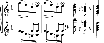 
 \relative c' {
  \new PianoStaff <<
   \new Staff \with { \remove "Time_signature_engraver" } { \key f \major \time 2/4
    a''8[( f) d-. e\turn] a[( f) d-. e\turn] <f d a>-. r <d b g>-. r <e c g e>4-.
   }
   \new Dynamics {
    s8\> s\! s s s\> s\!
   }
   \new Staff \with { \remove "Time_signature_engraver" } { \key f \major \time 2/4
    <<
     { g,4 g8-. g-. g4 g8-. g-. }
    \\
     { f8[( d) b-. c-.] f[( d) b-. c-.] \clef bass <f f,> d,\rest <d' b g>-. d,\rest <c' g e c>4-. }
    >>
   }
  >>
 }
