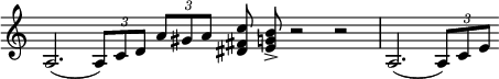 {
\new Staff \with { \remove "Time_signature_engraver" }
\time 10/4 a2.( \times 2/3 { a8) c'8 d'8} \times 2/3 {a'8 gis'8 a'8}
<c'' fis' dis'> \noBeam <b' e' g'> -> r2 r2
\time 4/4 a2.( \times 2/3 {a8) c'8 e'8)} \omit Score.BarLine
}