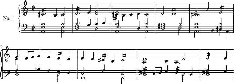 
\version "2.18.2"
\header {
  tagline = ##f
}

Mordcblanche = { \tag #'print { cis2:16 } \tag #'midi { cis16 b cis4. } }
Mordeblanche = { \tag #'print { e2:16 } \tag #'midi { e16 d e4. } }
Mordfblanche = { \tag #'print { fis2:16 } \tag #'midi { fis16 e fis4. } }

Mordbblanche = { \tag #'print { cis,2.:16 } \tag #'midi { cis16 b cis4.~ cis4 } }
Morddblanche = { \tag #'print { d2.:16 } \tag #'midi { d16 cis d4.~ d4 } } 
Morddronde = { \tag #'print { d1:16 } \tag #'midi { d16 cis d4.~ d2 } } 

Mordbnoire = { \tag #'print { cis4:16 } \tag #'midi { cis32 b cis8. } }
Mordenoire = { \tag #'print { e4:16 } \tag #'midi { e32 d e8. } }
Mordfnoire = { \tag #'print { fis'4:16 } \tag #'midi { fis32 e fis8. } }

upper = \relative c'' {
  \clef treble 
  \key a \minor
  \time 3/2
  \set Staff.timeSignatureFraction = 2/2
  \autoBeamOff
  \tempo 2 = 110
  \set Staff.midiInstrument = #"harpsichord"

    \Mordbblanche b4 cis2 \Morddblanche e4
    << { f2 e1 } \\ { d2 \Mordbnoire b4 cis d cis2 } >>
    d2 \Morddronde
    << { e2 a \Mordeblanche } \\ { cis1. } >>
    << { f4 e8 f g4 f \Mordenoire d4 } \\ { d4 } >>
    e d \Mordbnoire b4 \Mordcblanche
    << { d1 d2 } \\ { a2 b4 a2. } >>
    \Morddblanche e4
}

lower = \relative c {
  \clef bass
  \key a \minor
  \time 3/2
  \set Staff.timeSignatureFraction = 2/2
  \set Staff.midiInstrument = #"harpsichord"

    << { a'1 a2 a2. g4 a b } \\ { << e,1 a, >> << e'2 a, >> << d1 f >> d2 } >>
    << { e2. d4 a'2 } \\ { << a1 a, >> << e'2 a, >> } >>
    << { a'1 a2 } \\ { << fis1 d >> << fis2 d >> } >>
    << { << a'1 e >>  << a2 e >> } \\ { a,2. b4 cis a } >>
    << { a'2 bes4 a g f } \\ { d1 d2 } >>
    << { e2 a e } \\ { a,1 a2 } >>
    << { \Mordfnoire e8 fis g4 \Mordfblanche d4 } \\ { d1 d2 } >>
    << { a'2. g4 } \\ { << fis1 d >> } >>    
    
}

thePianoStaff = \new PianoStaff <<
    \set PianoStaff.instrumentName = #"No. 1"
    \new Staff = "upper" \upper
    \new Staff = "lower" \lower
  >>

\score {
  \keepWithTag #'print \thePianoStaff
  \layout {
    \context {
      \Score
      \remove "Metronome_mark_engraver"
    }
  }
}
\score {
  \keepWithTag #'midi \thePianoStaff
  \midi { }
}
