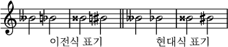 {
\omit Score.TimeSignature \relative c'' {
  beses2 bes_"이전식 표기" bisis bis
 \bar "||" \accidentalStyle modern beses bes_"현대식 표기" bisis bis
} }