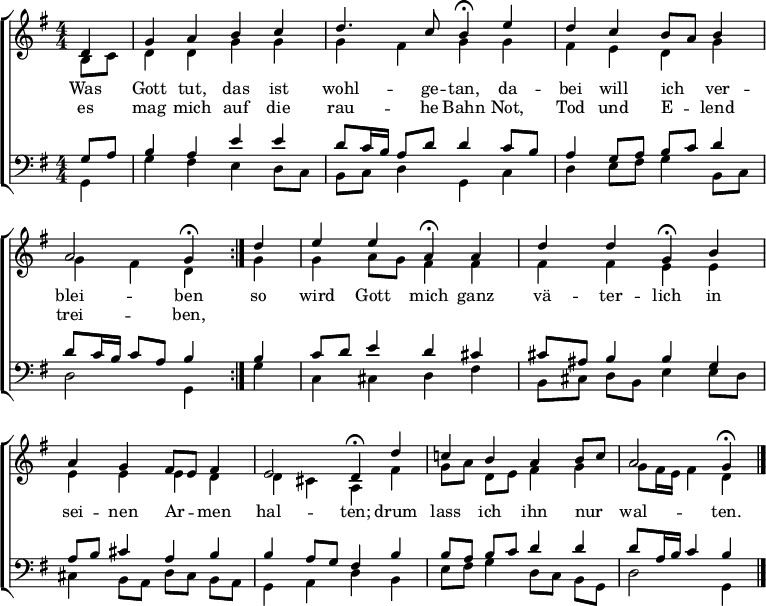 
\header { tagline = " " }
\layout { indent = 0 \context { \Score \remove "Bar_number_engraver" } }
global = { \key g \major \numericTimeSignature \time 4/4 \set Score.tempoHideNote = ##t \set Timing.beamExceptions = #'()}

soprano = \relative c' { \global
  \tempo 4=72
  \repeat volta 2 { \partial 4 d4 |
  g a b c |
  d4. c8 \tempo 4=30 b4\fermata \tempo 4=72 e |
  d c b8 a b4 |
  a2 \tempo 4=30 g4\fermata } \tempo 4=72 d' |
  e e \tempo 4=30 a,\fermata \tempo 4=72 a |
  d d \tempo 4=30 g,\fermata \tempo 4=72 b |
  a g fis8 e fis4 |
  e2 \tempo 4=30 d4\fermata \tempo 4=72 d' |
  c! b a b8 c |
  a2 \tempo 4=30 g4\fermata \bar "|."
}

alto = \relative c' { \global
  \partial 4 b8 c |
  d4 d g g |
  g fis g g |
  fis e d g |
  g fis d g |
  g a8 g fis4 fis |
  fis fis e e |
  e e e d |
  d cis a fis' |
  g8 a d, e fis4 g |
  g8 fis16 e fis4 d
}

tenor = \relative c' { \global
  \partial 4 g8 a |
  b4 a e' e |
  d8 c16 b a8 d d4 c8 b |
  a4 g8 a b c d4 |
  d8 c16 b c8 a b4 b |
  c8 d e4 d cis |
  cis8 ais b4 b g |
  a8 b cis4 a b |
  b a8 g fis4 b |
  b8 a b c d4 d |
  d8 a16 b c4 b
}

bass = \relative c { \global
  \partial 4 g4 |
  g' fis e d8 c |
  b c d4 g, c |
  d e8 fis g4 b,8 c |
  d2 g,4 g' |
  c, cis d fis |
  b,8 cis d b e4 e8 d |
  cis4 b8 a d cis b a |
  g4 a d b |
  e8 fis g4 d8 c b g |
  d'2 g,4
}

\score {
  \new ChoirStaff <<
    \new Staff \with { midiInstrument = "choir aahs" }
    <<
      \new Voice = "soprano" { \voiceOne \soprano }
      \new Voice = "alto" { \voiceTwo \alto }
    >>
    \new Lyrics \lyricsto "soprano" {
      <<
        { Was Gott tut, das ist wohl -- ge -- tan,
          da -- bei will ich _ ver -- blei -- ben  }
          \new Lyrics { \set associatedVoice = "soprano" {
                        es mag mich auf die rau -- he Bahn
                        Not, Tod und E -- _ lend trei -- ben, }
          }
      >>
      so wird Gott mich ganz vä -- ter -- lich
      in sei -- nen Ar -- _ men hal -- ten;
      drum lass ich ihn nur _ wal -- ten.
    }
    \new Staff \with { midiInstrument = "choir aahs" }
    <<
      \clef bass
      \new Voice = "tenor" { \voiceOne \tenor }
      \new Voice = "bass" { \voiceTwo \bass }
    >>
  >>
  \layout { }
  \midi { }
}
