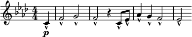  \relative c' { \clef treble \numericTimeSignature \key f \minor \time 4/4
  \partial 4*1 c\p-^ | f2-^ g-^ | f-^ r4 c8-^ ees-^ | aes4-^ g-^ f2-^ | ees-^ } 