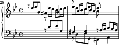 
\version "2.18.2"
\header {
  tagline = ##f
}

Dux         = { r8 d8 ees g, fis4 g r8 a16 bes c8 bes16 a }
ContreSujet = { r8   a16 g f8 g16 a   bes8   g e cis' }

Comes       = { r8 g8 bes d, cis4 d r8 e16 f g8 f16 ees f8 }

upper = \relative c'' {
  \clef treble 
  \key g \minor
  \time 4/4
  \tempo 4 = 56
  \set Staff.midiInstrument = #"harpsichord" 
  \set Score.currentBarNumber = #28
  %\context Score \applyContext #(set-bar-number-visibility 4)
  \bar ""

   %% FUGUE CBT I-16, BWV 861, sol mineur
   << { \Dux d8 } \\ { s2 r8 d16 c bes8 c16 d ees8 d c ees a, } >>

}

lower = \relative c' {
  \clef bass 
  \key g \minor
  \time 4/4
  \set Staff.midiInstrument = #"harpsichord" 
   
  << { s2 \Dux } \\ { s1 r8 d,8 ees g, fis4 a } >>
    
} 

\score {
  \new PianoStaff <<
    \set PianoStaff.instrumentName = #""
    \new Staff = "upper" \upper
    \new Staff = "lower" \lower
  >>
  \layout {
    \context {
      \Score
      \remove "Metronome_mark_engraver"
      \override SpacingSpanner.common-shortest-duration = #(ly:make-moment 1/2) 
    }
  }
  \midi { }
}
