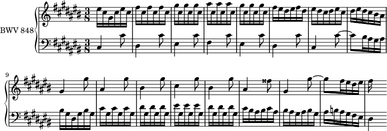 
\version "2.18.2"
\header {
  tagline = ##f
}

upper = \relative c'' {
    \clef treble 
    \key cis \major
    \time 3/8
    \tempo 4. = 76
    \set Staff.midiInstrument = #"harpsichord" 

   %% PRÉLUDE CBT I-3, BWV 848, ut-dièse majeur
   eis16 cis gis cis eis cis \repeat unfold 3 { fis cis } \repeat unfold 3 { gis' cis, } \repeat unfold 3 { ais' cis, } \repeat unfold 3 { gis' cis, } 
   fis16 eis dis eis fis dis  eis dis cis dis eis cis  dis eis dis cis bis ais gis4 gis'8 ais,4 gis'8 bis,4 gis'8 cis,4 gis'8 bis,4 gis'8 ais,4 fisis'8 gis,4 gis'8~ gis fis16 eis dis eis fis   
   
}

lower = \relative c {
    \clef bass 
    \key cis \major
    \time 3/8
    \set Staff.midiInstrument = #"harpsichord" 

    cis4 cis'8 dis,4 cis'8 eis,4 cis'8 fis,4 cis'8 eis,4 cis'8 dis,4 cis'8 cis,4 cis'8~ cis bis16 ais gis ais bis gis dis gis bis gis \repeat unfold 3 { cis gis } \repeat unfold 3 { dis' gis, } \repeat unfold 3 { eis' gis, } \repeat unfold 3 { dis' gis, } cis bis ais bis cis ais bis ais gis ais bis gis ais b ais gis fis eis dis4
} 

\score {
  \new PianoStaff <<
    \set PianoStaff.instrumentName = #"BWV 848"
    \new Staff = "upper" \upper
    \new Staff = "lower" \lower
  >>
  \layout {
    \context {
      \Score
      \remove "Metronome_mark_engraver"
      \override SpacingSpanner.common-shortest-duration = #(ly:make-moment 1/2)
    }
  }
  \midi { }
}
