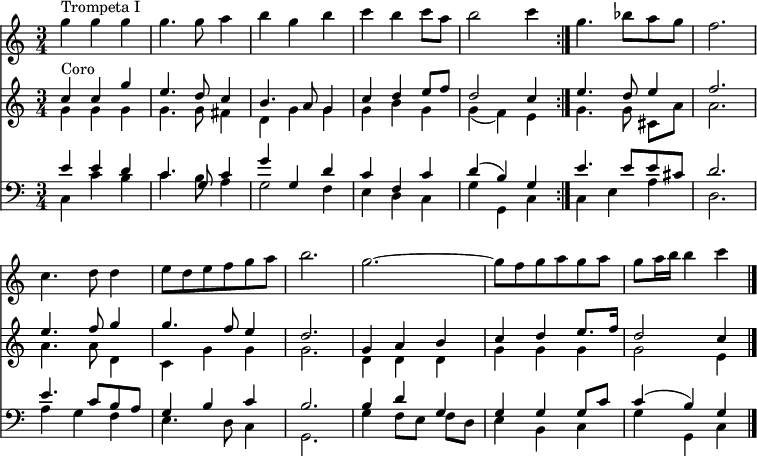 
<< <<
\new Staff { \clef treble \time 3/4 \key c \major \set Staff.midiInstrument = "muted trumpet" \set Score.tempoHideNote = ##t \override Score.BarNumber  #'transparent = ##t
  \relative c''
  \repeat volta 2 { g'4^\markup { "Trompeta I" }  g g | g4. g8 a4 | b g b | c b c8 a | b2 c4 }
  \relative c''
  { g'4. bes8[ a g] | f2. \break | c4. d8 d4 | e8[ d e f  g a] | b2. | g2.~ | g8[ f g a g a] | g a16 b b4 c \bar"|." }
}
\new Staff { \clef treble \key c \major \set Staff.midiInstrument = "church organ"
  \relative c'' 
  \repeat volta 2 { << { c4^\markup { "Coro" } c g' | e4. d8 c4 | b4. a8 g4 | c d e8 f | d2 c4 } \\
  { g4 g g | g4. g8 fis4 | d g g | g b g | g( f) e } >> }
  \relative c'' {
  << { e4. d8 e4 | f2. | e4. f8 g4 | g4. f8 e4 | d2. | g,4 a b | c d e8. f16 | d2 c4 } \\
  { g4. g8 cis,8[ a'] | a2. | a4. a8 d,4 | c g' g | g2. | d4 d d | g g g | g2 e4 } >> }
}
\new Staff { \clef bass \key c \major \set Staff.midiInstrument = "church organ"
  \relative c'
  \repeat volta 2 { << { e4 e d | c4. g8 c4 | g' g, d' | c f, c' | d( b) g } \\
  { c,4 c' b | c4. b8 a4 | g2 f4 | e d c | g' g, c } >> }
  \relative c' {
  << { e4. e8 e cis | d2. | e4. c8 b a | g4 b c | b2. | b4 d g, | g g g8 c | c4( b) g } \\
  { c,4 e a | d,2. | a'4 g f | e4. d8 c4 | g2. | g'4 f8[ e] f d | e4 b c | g' g, c } >> }
}
>> >>
\layout { indent = #0 }
\midi { \tempo 4 = 80 }
