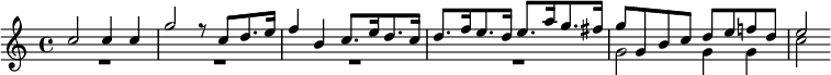 
\version "2.18.2"
\header {
  tagline = ##f
}

\score {
  \new Staff \with {
  }
<<
  \relative c' {
    \key c \major
    \time 4/4
    \override TupletBracket #'bracket-visibility = ##f 
    \autoBeamOff
    \set Staff.midiInstrument = #"trumpet"

     %%%%%%%%% Cavalli, 1656

           <<
                 \new Voice
                 \relative c''
                 {       \voiceOne 
                          c2 c4 c g'2 r8 c,8[ d8. e16] | f4 b, c8.[ e16 d8. c16] | d8.[ f16 e8. d16] e8.[ a16 g8. fis16] | g8 g, b c d e f! d e2
                 }

                 \new Voice
                 \relative c''
                 {      \voiceTwo          
                        R1*4 g2 g4 g c2
                 }
         >>
  }
>>
  \layout { indent = #0
    \context {
      \remove "Metronome_mark_engraver"
      \override SpacingSpanner.common-shortest-duration = #(ly:make-moment 1/2)
    }
  }
  \midi {     \tempo 4 = 140 }
}
