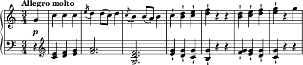 
 \relative g' {
  \new PianoStaff <<
   \new Staff { \key c \major \time 3/4 \partial 4 \set Score.tempoHideNote = ##t \tempo "Allegro molto" 2.=88
    g c c c \slashedGrace e8 (d4) d8 (c) d4 \slashedGrace c8 (b4) b8 (a) b4 c-! <d b>-! <e c>-! <f d>-! r r <d b>-! <e c>-! <f d>-! <g e>-! r g
   }
   \new Dynamics {
    s1\p}
   \new Staff { \key c \major \time 3/4 \clef bass \partial 4
    r4 \clef treble <e, c>4 <f d> <g e> <a f>2. <f d g,> <g e>4-! <g d>-! <g c,>-! <g b,>-! r r <g f>-! <g e>-! <g d>-! <g c,>-! r r
    }
  >>
 }
