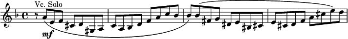  \relative g' { \key f \major \time 4/4 r8^\markup { Vc. Solo } a_\markup { \dynamic mf }( e f cis d gis, a | c a bes d f a c bes | bes) bes( fis g dis e bis cis | e cis d f a cis e) d( }