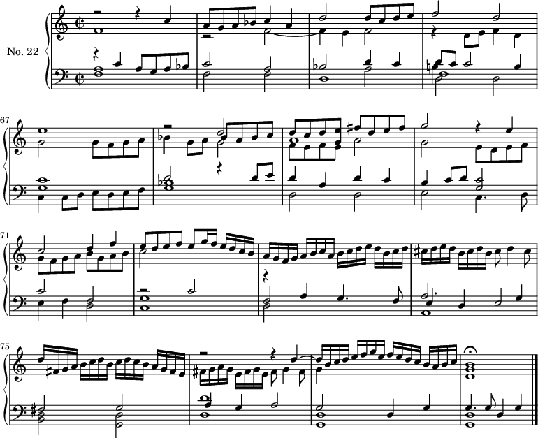 
\version "2.14.2"
\header {
  tagline = ##f
}
upper = \relative c' {
  \clef treble 
  \key a \minor
  \time 2/2
  \tempo 2 = 78
  \autoBeamOff
  \set Score.currentBarNumber = #63
  \set Staff.midiInstrument = #"harpsichord"

    << { r2 r4 c'4 a8 g a bes c4 a d2 d8 c d e f2 d e1 } \\ { f,1 r2 f2~ f4 e f2 r4 d8 e f4 d g2 g8 f g a } >>
    << { r2 d2 d8 c d < e g, >8 fis d e fis g2 r4 e4 c2 d4 f e8 d e f e8[ g16 f] e16 d c b } \\ { bes4 g8 a g2 f8 e f e a2 g e8 d e f g8 f g a b g a b c2 } \\ { s2 bes8 a bes c a1 }  >>
    a16[ g f g] a[ b c a] b[ c d e] d[ b c d] cis[ d e d] b[ cis d b] cis8 d4 cis8 | d16[ fis, g a] b[ c d b] c[ d c b] a[ g fis e] 
   << { r2 r4 d'4~ d16[ b c d] e f g e f[ e d c] b[ a b c] < b g >1\fermata } \\ { fis16[ g a g] e[ fis g e] fis8 g4 fis8 g4 s2. d1 } >>

}

lower = \relative c {
  \clef bass
  \key a \minor
  \time 2/2
  \set Staff.midiInstrument = #"harpsichord"

    << { r4 c'4 a8 g a bes c2 a bes d4 c  } \\ { < a f >1 f2 f d1 } \\ { s1 s1 s2 \stemDown a'2 } >>
    << { d8 c c2 b4 } \\ { d,2 d } \\ { f1 } \\ { b!4 } >>
    << { < c g >1 d2 r4 d8 e d4 a d c b c8 d < c g >2 c2 f, r2 c'2 } \\ { c,4 c8 d e d e f < bes g >1 | d,2 d e c4. d8 e4 f d2 < g c, >1 } >>
    % ms. 73
    << { r4 a4 g4. f8 } \\ { d2 } \\ { f2 } >>
    << { a2. g4 fis2 g2 } \\ { a,1 < d b >2 < d g, >2 } \\ { e4 d e2 } >>
    << { d'1 g,2 d4 g g4. g8 d4 g } \\ { d1 < d g, >1 < d g, > } \\ { a'4 g a2 } >>
    \bar "|."

}

\score {
  \new PianoStaff <<
    \set PianoStaff.instrumentName = #"No. 22"
    \new Staff = "upper" \upper
    \new Staff = "lower" \lower
  >>
  \layout {
    \context {
      \Score
      \remove "Metronome_mark_engraver"
    }
  }
  \midi { }
}
