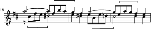 
\version "2.18.2"
\header {
  tagline = ##f
}

\score {
  \new Staff \with {
    \remove "Time_signature_engraver"
  }
<<
  \relative c'' {
    \key b \minor
    \time 4/4
    \set Score.currentBarNumber = #18
    \bar ""

     %% Motif en croches — Prélude CBT I-24, BWV 869, si mineur 
     << { a'2~ a8 \[ fis b a g4 \] fis g2~ g8 \[ e a g fis4 \] e } \\ { r8 \[ cis8 fis e dis2 \] e4 dis e8 \[ b e d cis2 \] d4 cis } >>

  }
>>
  \layout {
     \context { \Score \remove "Metronome_mark_engraver" 
     %\override SpacingSpanner.common-shortest-duration = #(ly:make-moment 1/2) 
}
  }
  \midi {} 
}
