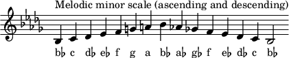 
\header { tagline = ##f }
scale = \relative c' { \key bes \minor \omit Score.TimeSignature
  bes^"Melodic minor scale (ascending and descending)" c des es f g a bes aes! ges! f es des c bes2 }
\score { { << \cadenzaOn \scale \context NoteNames \scale >> } \layout { } \midi { } }
