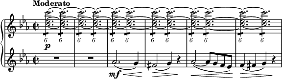 
{ \new PianoStaff <<
\new Staff \relative c'' { \set Staff.midiInstrument = #"piano" \key c \minor \clef treble \time 2/2 \set Score.tempoHideNote = ##t \tempo "Moderato" 2 = 60
  \times 4/6  {
    <c es c'>2. \p ~ :8 ~ ~
  }
  \times 4/6  {
    <c es c'>2. ~ :8 ~ ~
  }
  | % 2
  \times 4/6  {
    <c es c'>2. ~ :8 ~ ~
  }
  \times 4/6  {
    <c es c'>2. ~ :8 ~ ~
  }
  | % 3
  \times 4/6  {
    <c es c'>2. ~ :8 ~ ~
  }
  \times 4/6  {
    <c es c'>2. ~ :8 ~ ~
  }
  | % 4
  \times 4/6  {
    <c es c'>2. ~ :8 ~ ~
  }
  \times 4/6  {
    <c es c'>2. ~ :8 ~ ~
  }
  | % 5
  \times 4/6  {
    <c es c'>2. ~ :8 ~ ~
  }
  \times 4/6  {
    <c es c'>2. ~ :8 ~ ~
  }
  | % 6
  \times 4/6  {
    <c es c'>2. ~ :8 ~ ~
  }
  \times 4/6  {
    <c es c'>2. :8
  }
  }
\new Staff \relative as' { \set Staff.midiInstrument = #"piano" \key c \minor \clef treble \time 2/2
  R1*2 | % 3
  as2. \mf \< ( g4 ) | % 4
  fis2 \! \> ( g4 ) r4 \! | % 5
  as2 \< ( ~ as8 g8 f8 es8 ) | % 6
  f4 \! \> ( fis4 g4 ) r4 \! }
>> }
