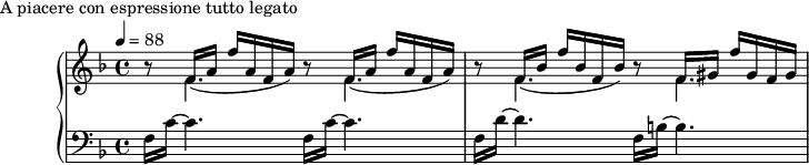 
\version "2.18.2"
\header {
  tagline = ##f
}
upper = \relative c' {
  \clef treble 
  \key f \major
  \time 4/4
  \tempo 4 = 88
  %\autoBeamOff

   %%Montgeroult — Étude 19 (pdf p. 52)
   
   << { \repeat unfold 2 { b'8\rest f16_( a f' a, f  a)} } \\ { \mergeDifferentlyDottedOn s8 f4. s8 f4. } >>
   << { b8\rest f16_( bes f' bes, f bes) b8\rest f16 gis f' gis, f gis } \\ { \mergeDifferentlyDottedOn s8 f4. s8 f4. } >>

}

lower = \relative c {
  \clef bass
  \key f \major
  \time 4/4

   \repeat unfold 2 { f16 c'~ c4. } f,16 d'~ d4. f,16 b!~ b4.
}

  \header {
    piece = "A piacere con espressione tutto legato"
  }

\score {
  \new PianoStaff <<
    \new Staff = "upper" \upper
    \new Staff = "lower" \lower
  >>
  \layout {
    \context {
      \Score
      
    }
  }
  \midi { }
}
